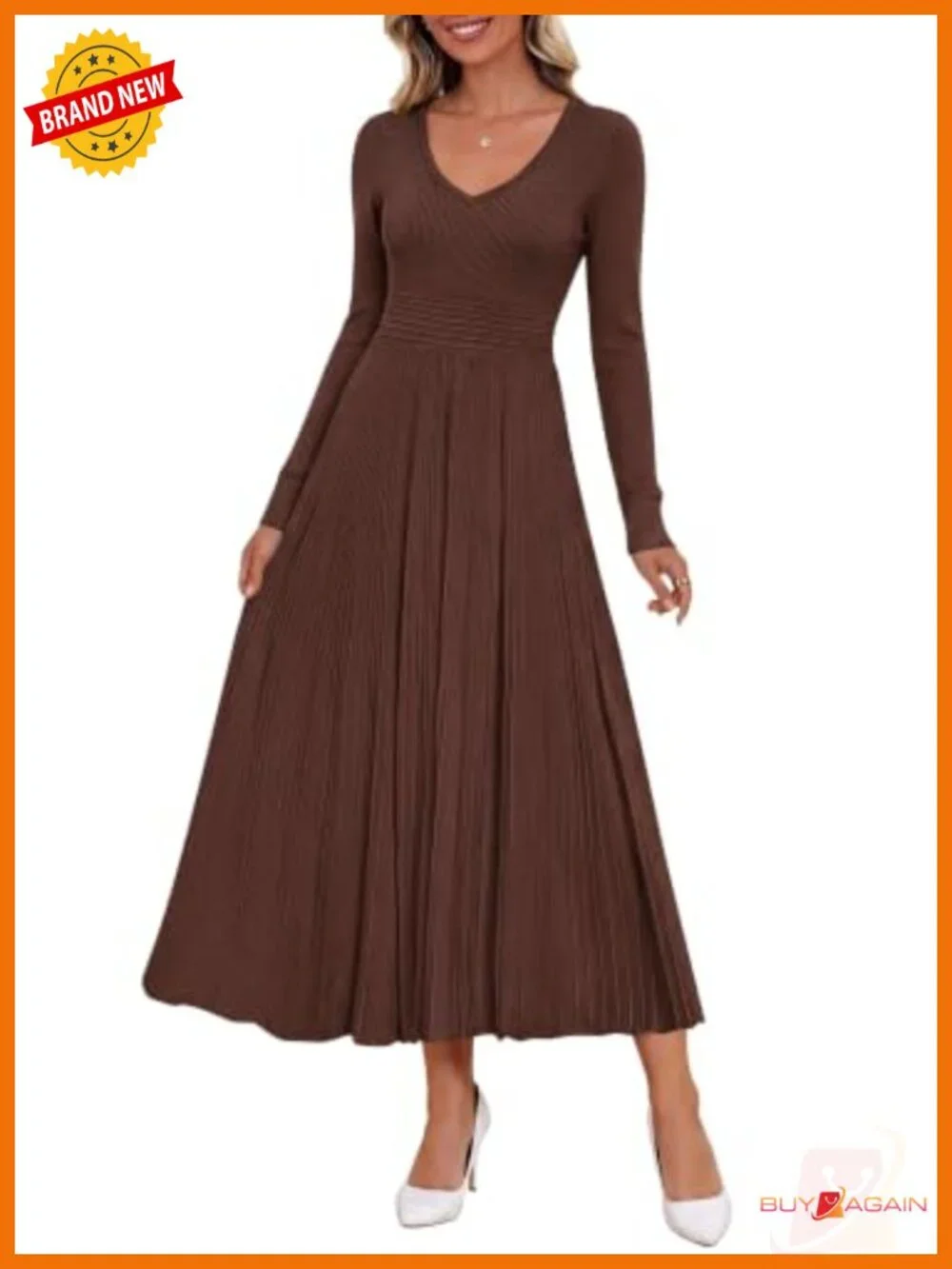 V Neck Pleated Midi Sweater Dress Long Sleeve Knit A Line Fall